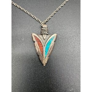 Sterling Arrowhead Pendant Turquoise Coral Inlay Rope Bail Textured‎ Silver Back